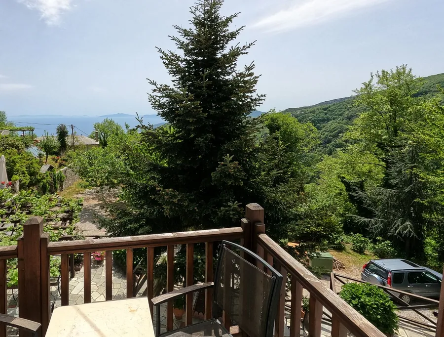 Μπαλκόνι με τραπεζάκι, έλατο και θέα στο βουνό
